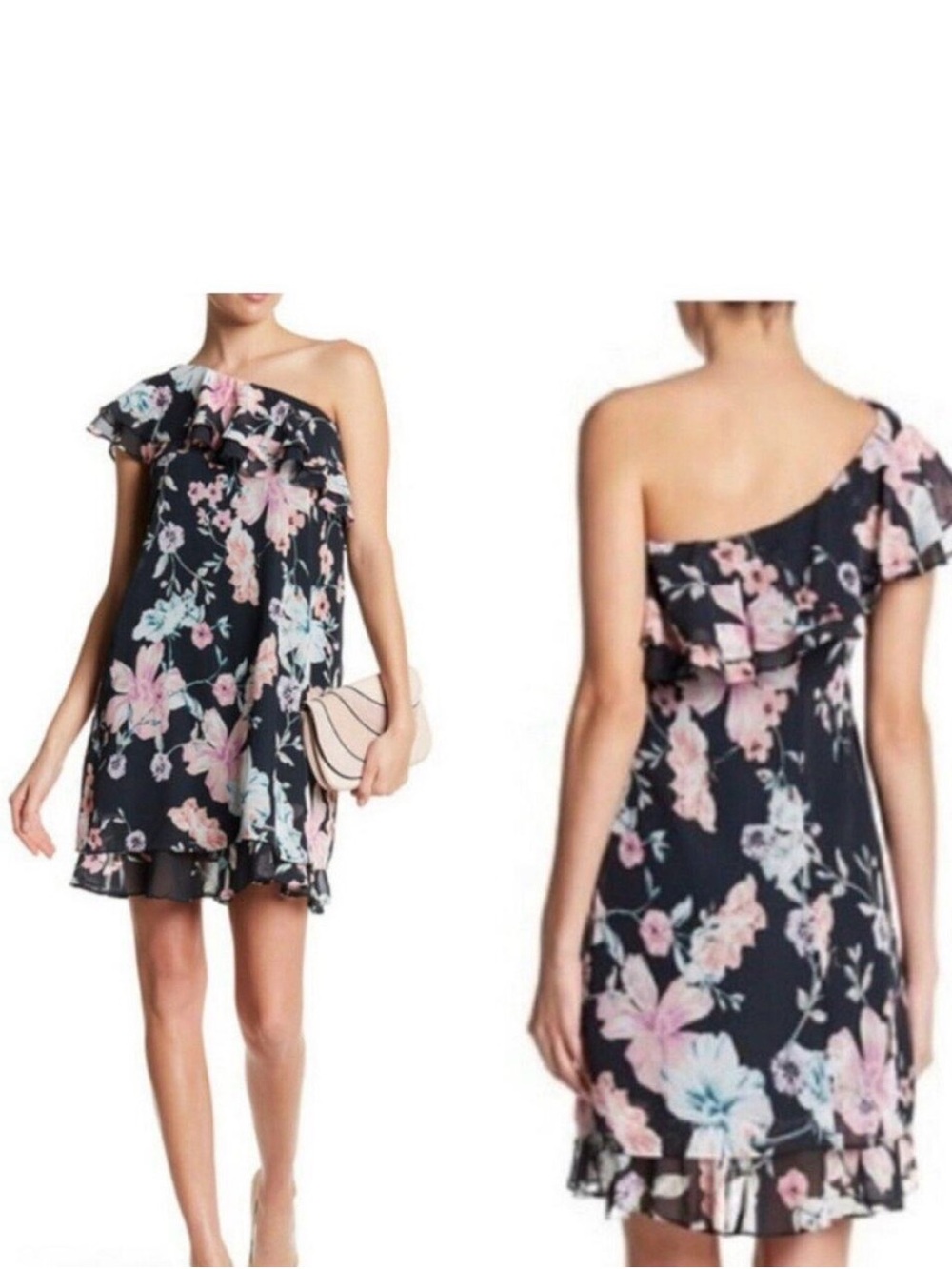 Eliza J Navy One-Shoulder Floral Ruffle Dress